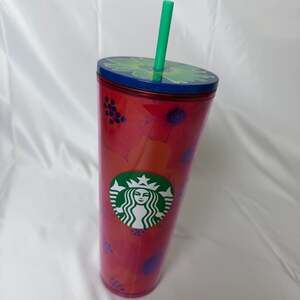 Starbucks 2022 Summer Red Floral Venti 24oz Tumbler With Flower Lid Green Straw